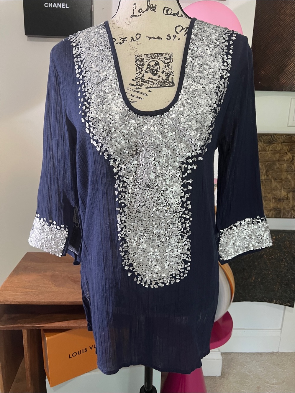T-Bags Tunic with Silver Sequin Bib and Cuffs!